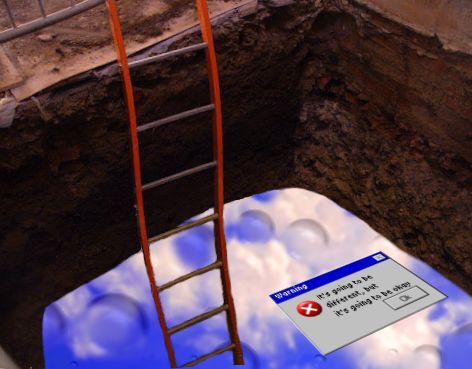 Picture of a ladder decending into clouds with raindrops on them. There is an old-fashioned windows warning popup that says "Warning: it's going to be different but it's going to be okay."