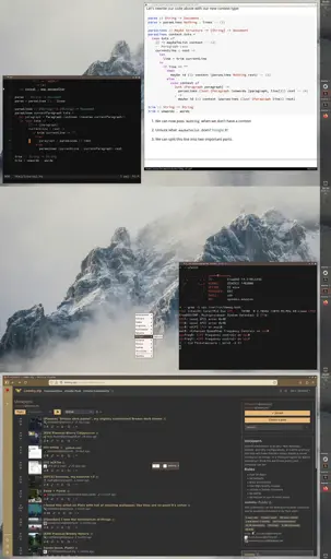 three screen captures of a desktop running freebsd, the wallpaper is a snowy rock mountain