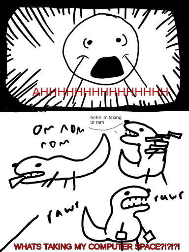 person screaming, text under it says "AHHHHHHH" dinosaurs eating ram with text on the bottom says "WHATS TAKING MY COMPUTER SPACE?!?!?" and the text bubble says "hehe im taking ur ram"